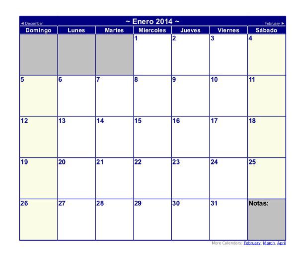 plantilla de calendario 2014
