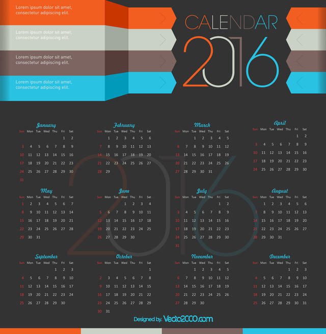 Calendario con diseño moderno para 2016