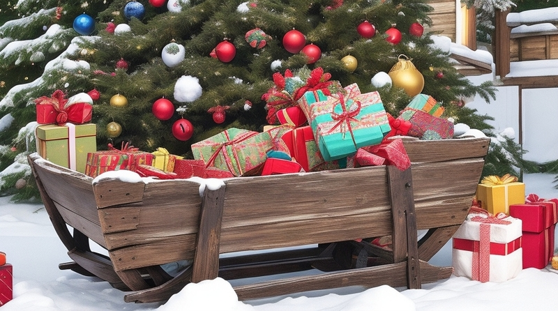 Trineo de madera con regalos de Navidad y árbol decorado con adornos