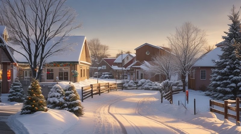 Pueblo cubierto de nieve durante el invierno en la Navidad