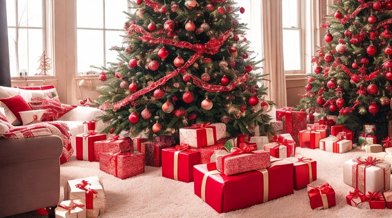 Dos árboles navideños con muchos regalos en una sala elegante