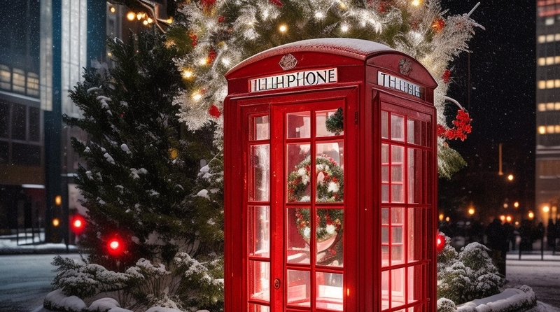 Cabina telefónica y árbol durante la época de Navidad