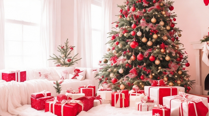 Sala familiar con regalos de Navidad y enorme árbol